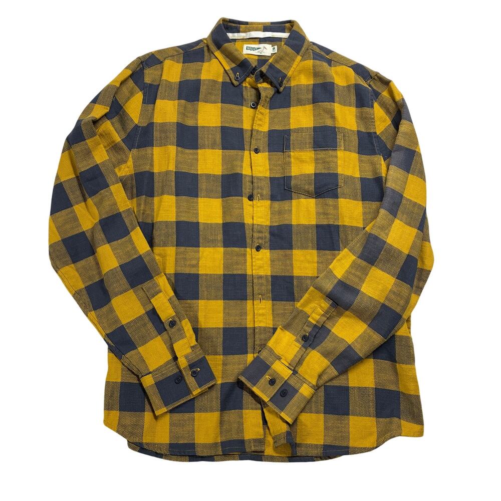 Wellen Shirt Mens Large Yellow/Navy Buffalo Check Heavy Flannel Organic Cotton